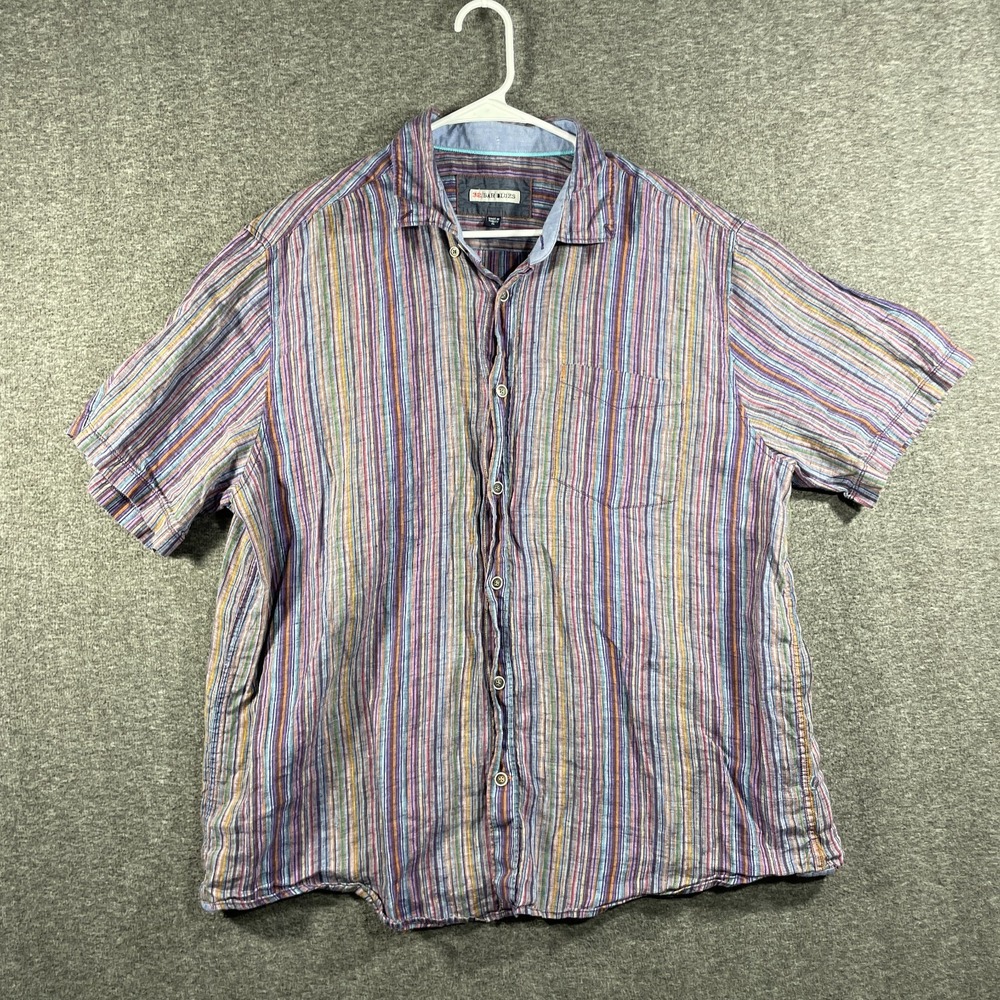 32 Bar Blues 100% Linen Striped Short Sleeve Button Down Shirt Mens XL HOLE